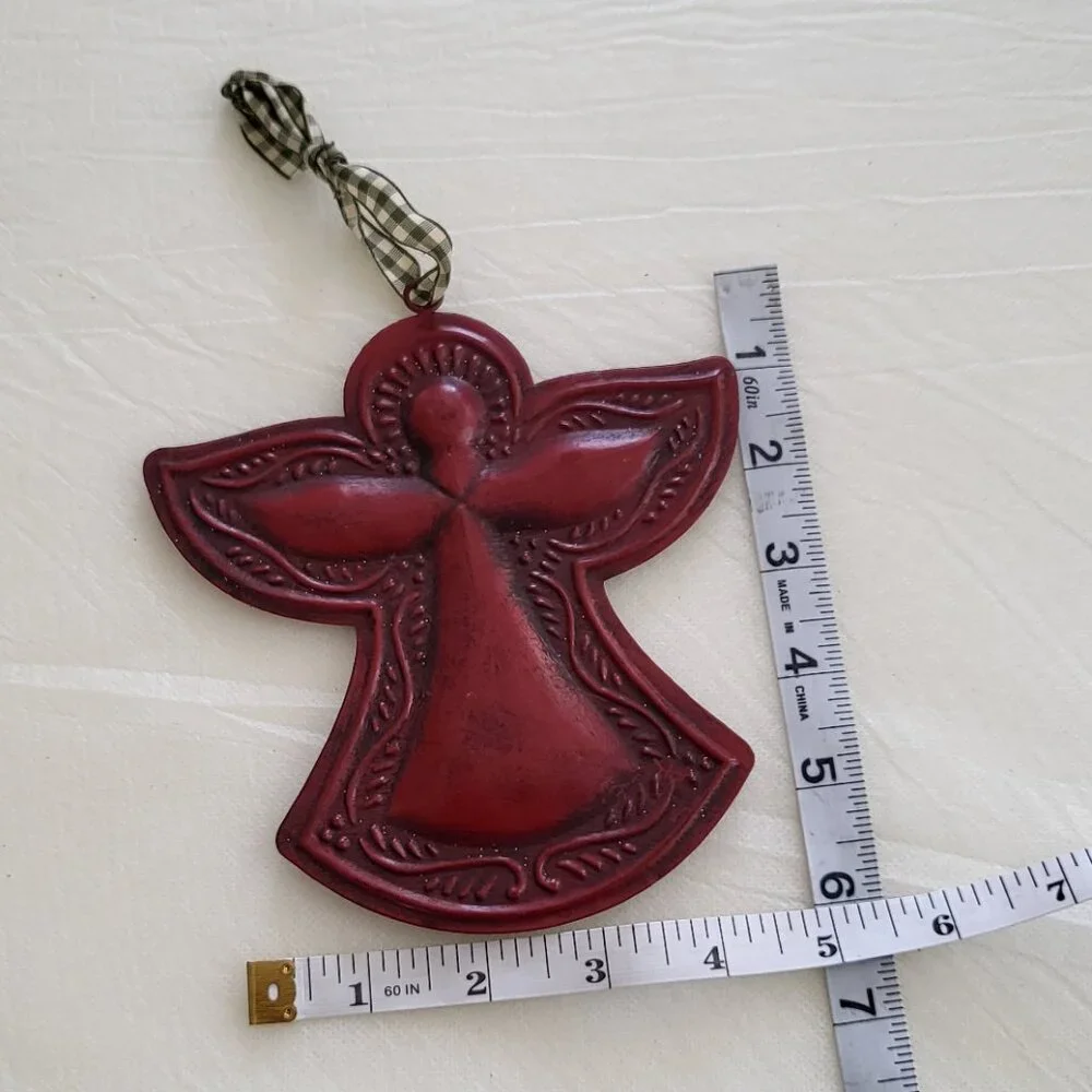 Angel Ornament Wall Decor Plaid Ribbon Burgundy Christmas Tree Religious Maroon